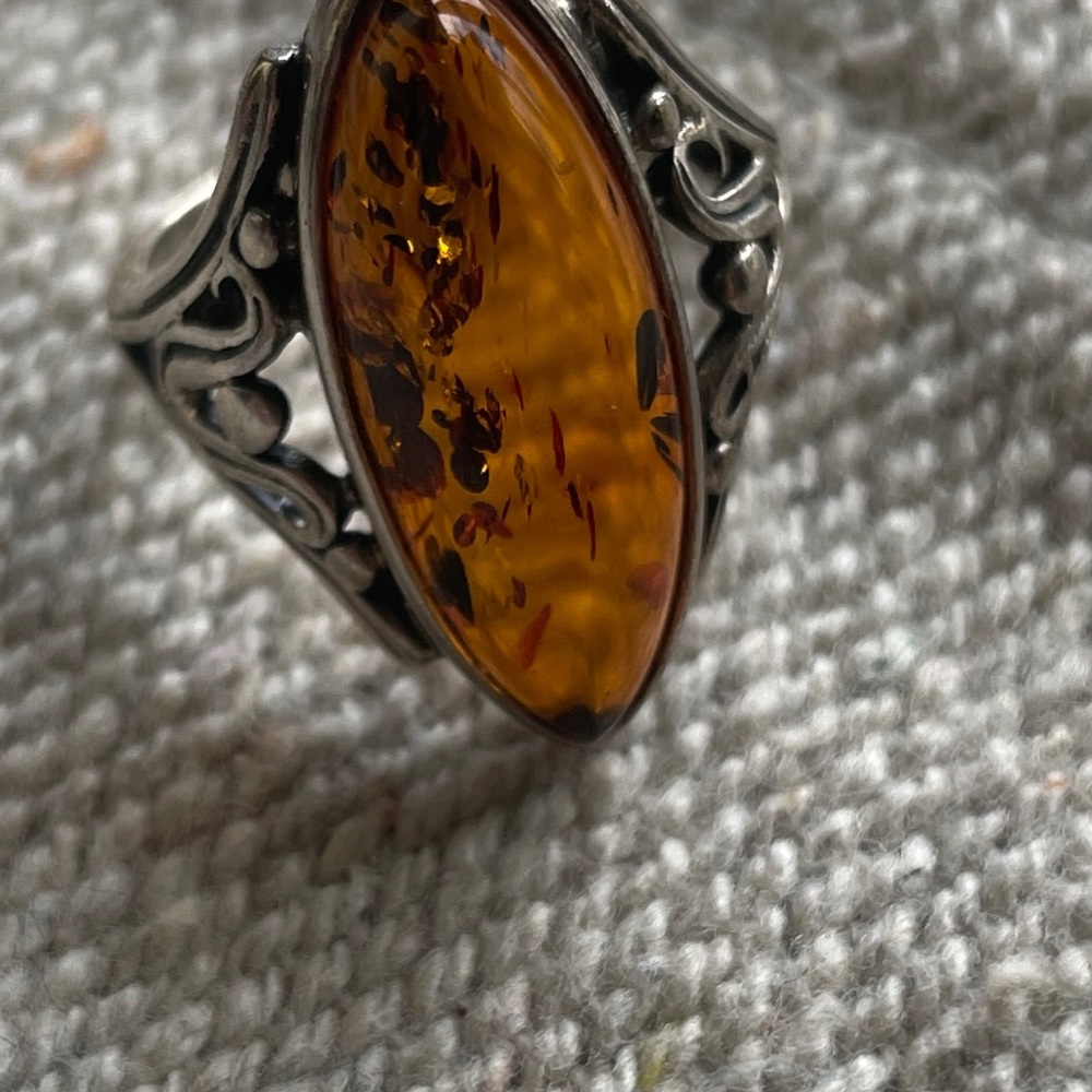 Vintage Amber Marquise Sterling-Style Statement Ring sz 6
